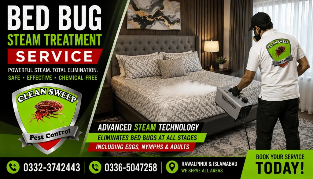 Clean Sweep Pest Control technicians providing professional Bed Bug Steam Treatment Service in Islamabad and Rawalpindi using high-temperature steam to eliminate bed bugs (Khatmal) from mattresses, sofas, beds, furniture and commercial properties.