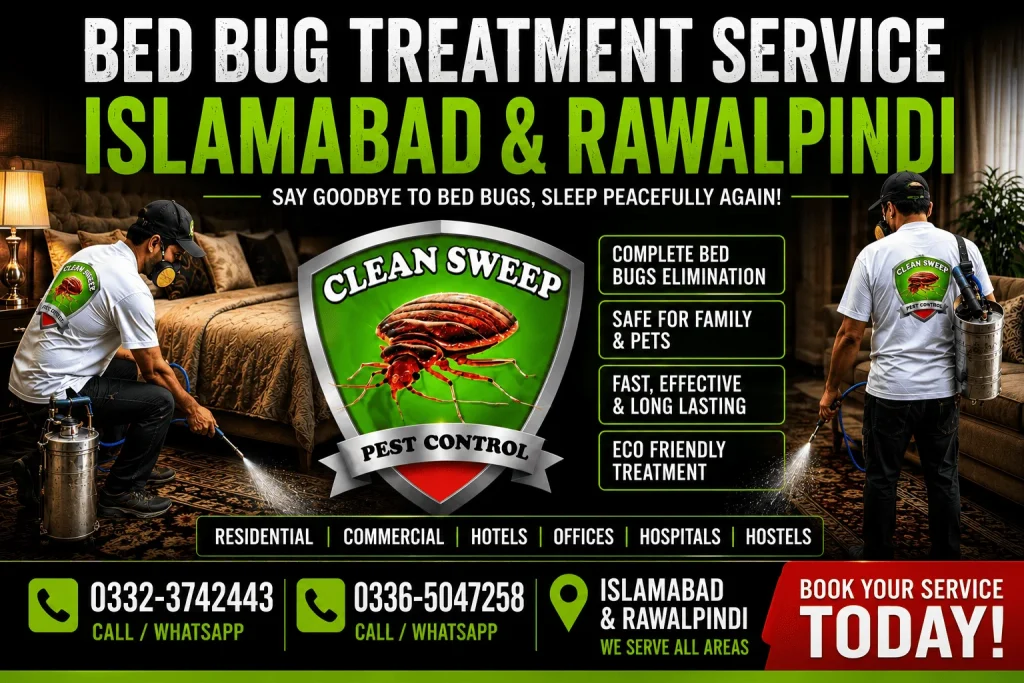 Clean Sweep Pest Control technicians providing professional bed bug treatment service in Islamabad and Rawalpindi using advanced pest control methods to eliminate bed bugs (Khatmal) from homes, hotels, apartments and commercial properties.