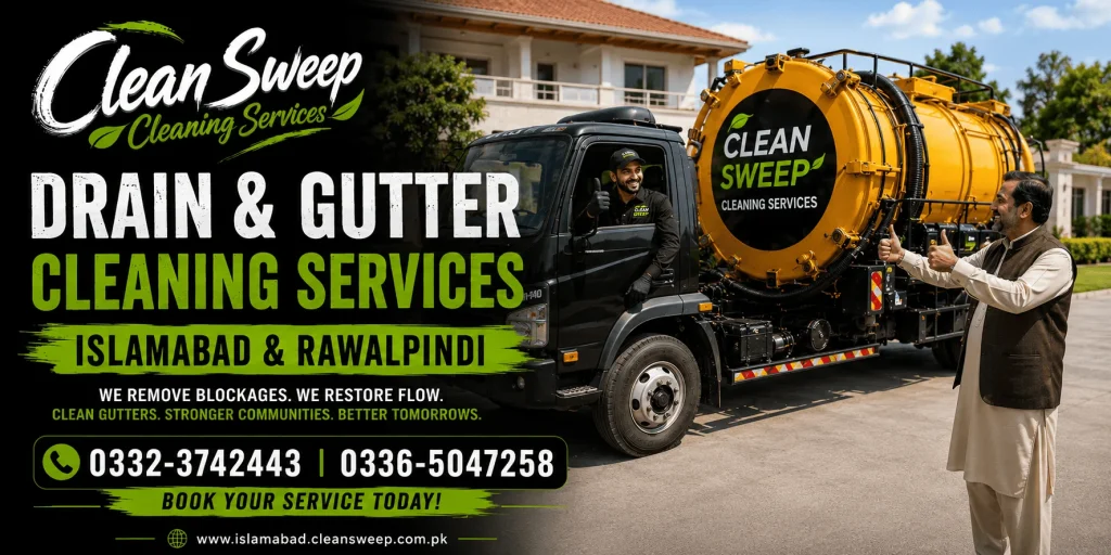Professional Drain & Gutter Cleaning Services in Rawalpindi by Clean Sweep Cleaning Services using vacuum suction trucks, drain opening machines, sewer cleaning equipment and expert drainage technicians for residential, commercial and industrial properties.