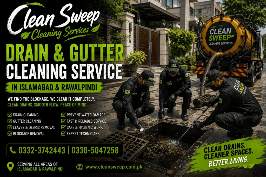 Professional Drain Opening & Drain Unblocking Services in Islamabad using drain opening machines, drain rods, vacuum suction trucks and expert technicians by Clean Sweep Cleaning Services.