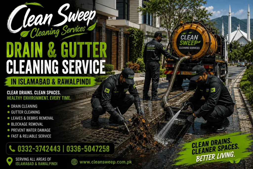 Professional Drain & Gutter Cleaning Services in Islamabad & Rawalpindi by Clean Sweep Cleaning Services using modern equipment to remove blocked drains, gutters, leaves, sludge, and debris