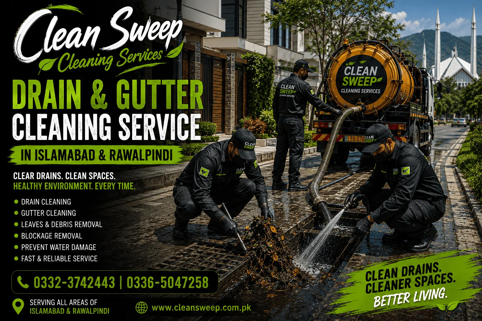 Professional Drain & Gutter Cleaning Services in Islamabad & Rawalpindi by Clean Sweep Cleaning Services using modern equipment to remove blocked drains, gutters, leaves, sludge, and debris