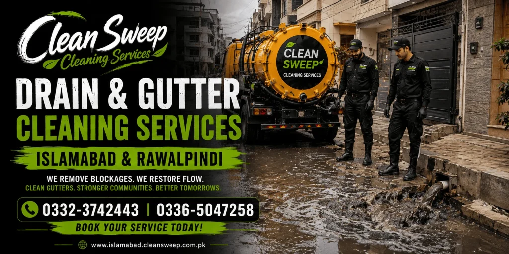 Clean Sweep Cleaning Services is a leading Drain & Gutter Cleaning Company in Rawalpindi providing drain cleaning, gutter cleaning, sewer cleaning, drain opening, drain unblocking and vacuum suction truck services.