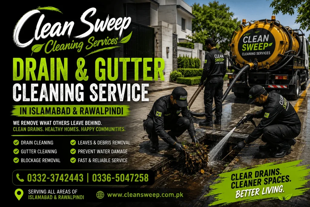 Professional Nali Safai, Nala Safai and Gutter Safai Services in Islamabad using vacuum suction trucks, drain cleaning machines and manual cleaning methods by Clean Sweep Cleaning Services.