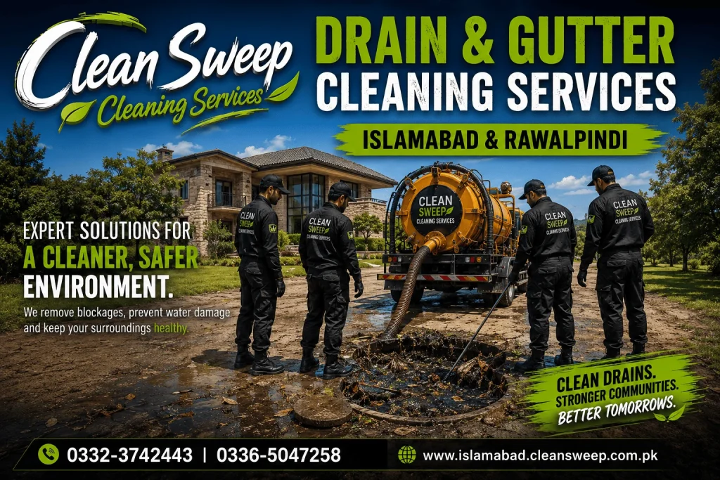 Professional Drain & Gutter Cleaning Services in Rawalpindi by Clean Sweep Cleaning Services using vacuum suction trucks, drain opening machines, sewer cleaning equipment and experienced drainage technicians.